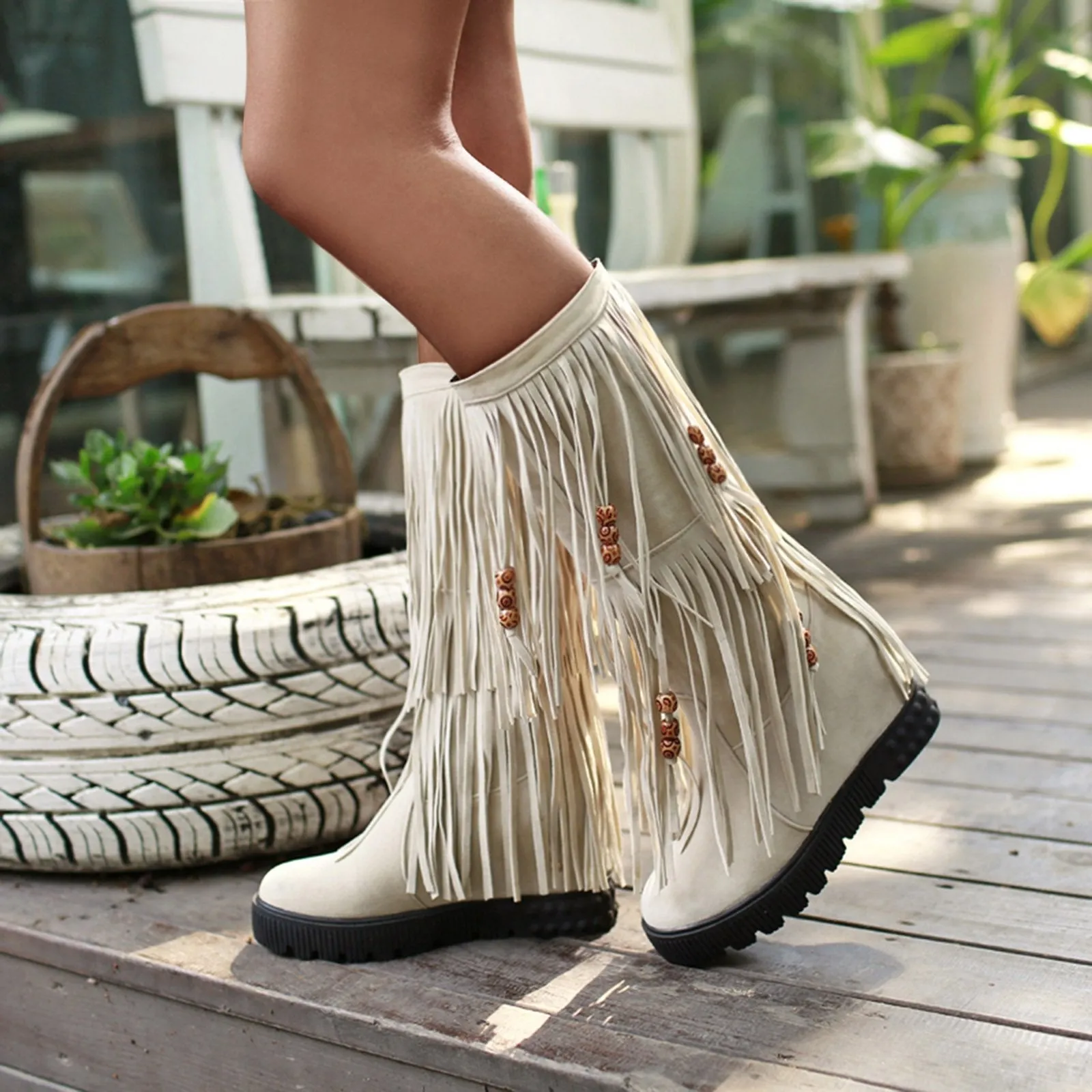 Women winter knee high flat slip on fringe boots