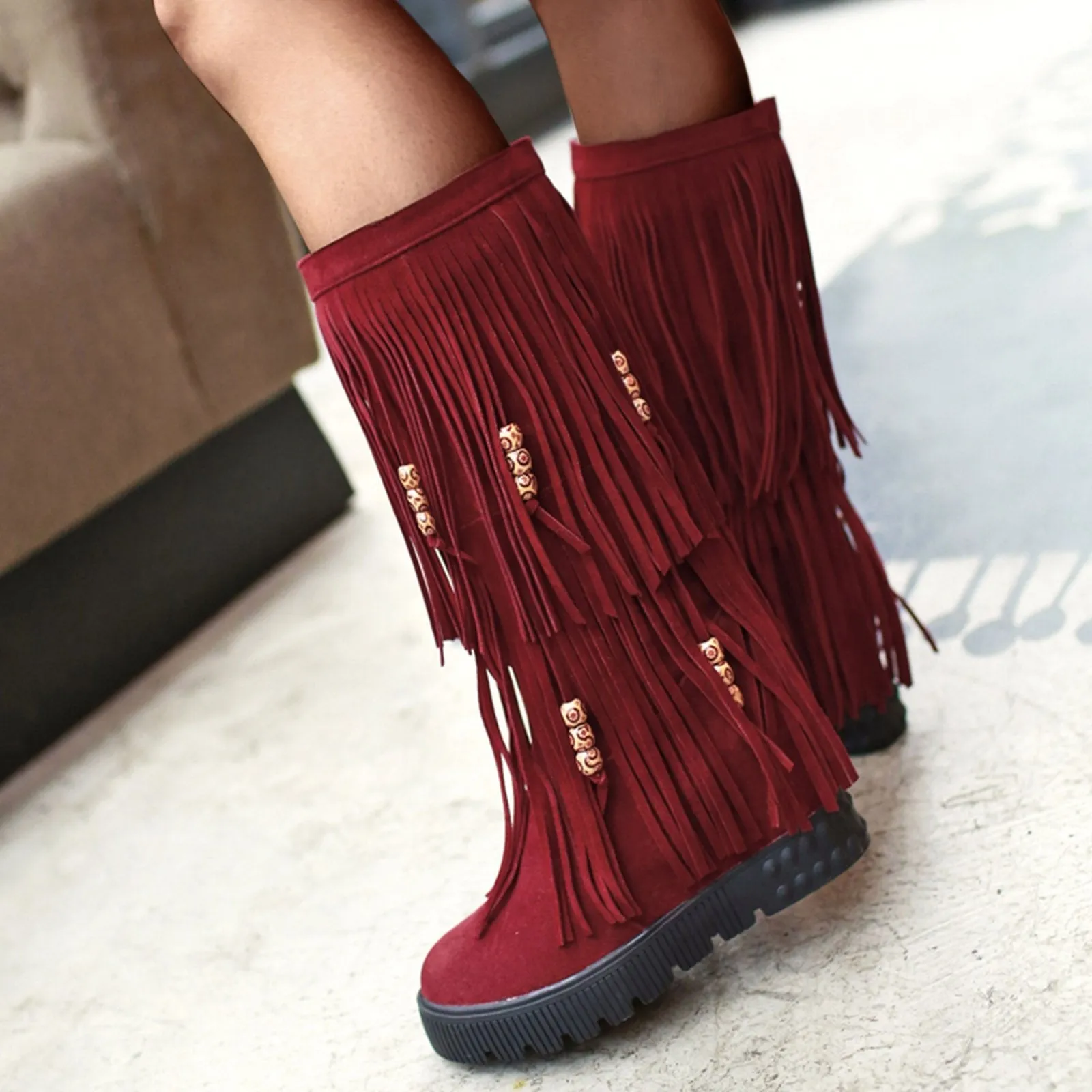 Women winter knee high flat slip on fringe boots